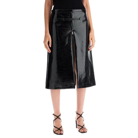 Chic Vinyl Midi Skirt with Front Slit - Picture 2 of 4
